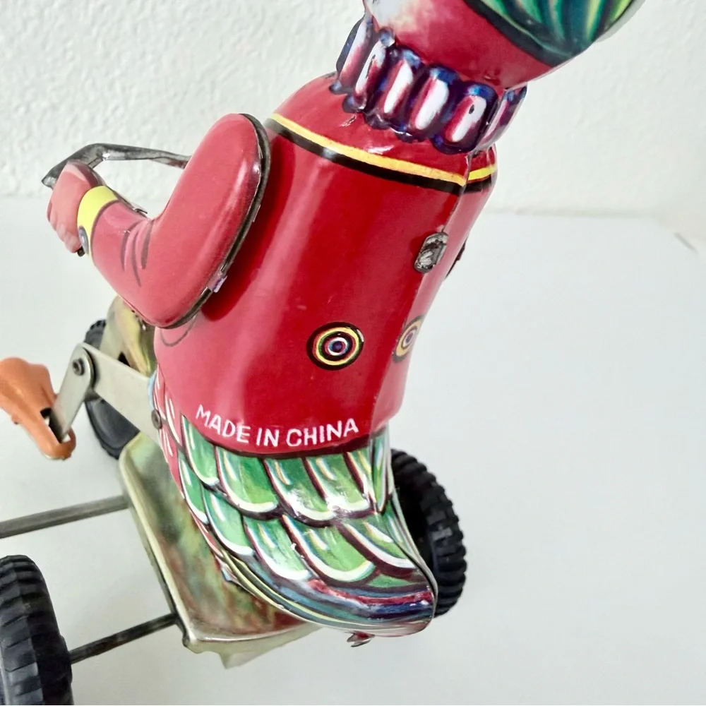 Vintage Litho Tin Toy Duck On Tricycle - Attached Key - 1970s-Collectible